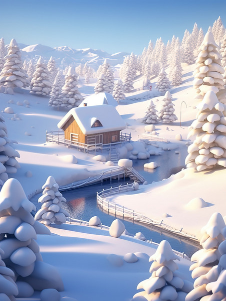 创意被雪覆盖的村庄房屋2原创插画冬天冬季卡通雪景雪地