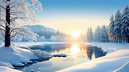 创意冬天阳光与湖过的树1冬天冬季雪地雪景