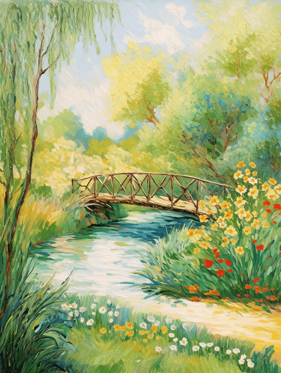潮国创意油画风插画春天野外风景油画风景