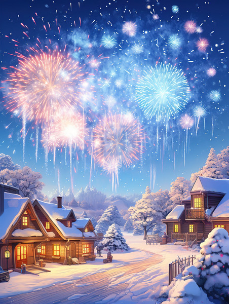 潮国创意雪地房子天空烟花夜空13圣诞元旦双旦冬天小镇北欧