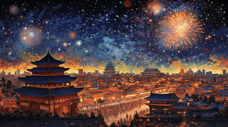 潮国创意中国风古城烟花秀插画33国潮中国风新年城市