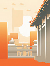 潮国创意宫殿建筑屋檐优雅橙色3撞色简约几何