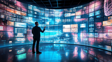 潮国创意商人在虚拟屏幕上选择大数据科技科幻信息技术虚拟