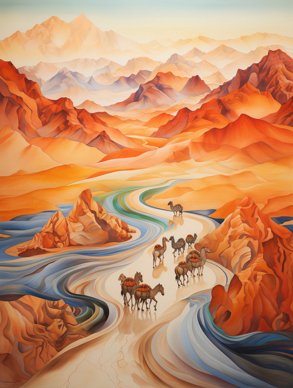 潮国创意丝绸之路山脉行走的骆驼10敦煌沙漠