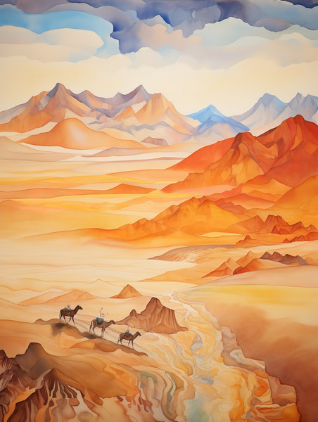 潮国创意丝绸之路山脉行走的骆驼6敦煌沙漠