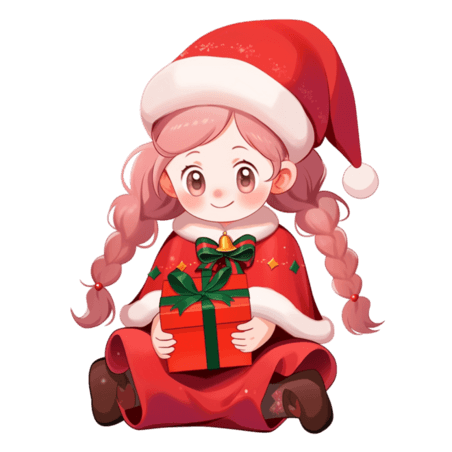 潮国创意圣诞节可爱女孩抱着礼盒卡通元素手绘人物