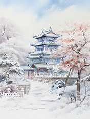 创意冬季中国建筑淡水彩画9素材古建筑冬天雪景