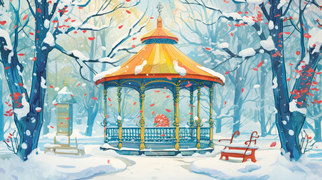 潮国创意冬天大雪中的公园凉亭18冬季雪景树林