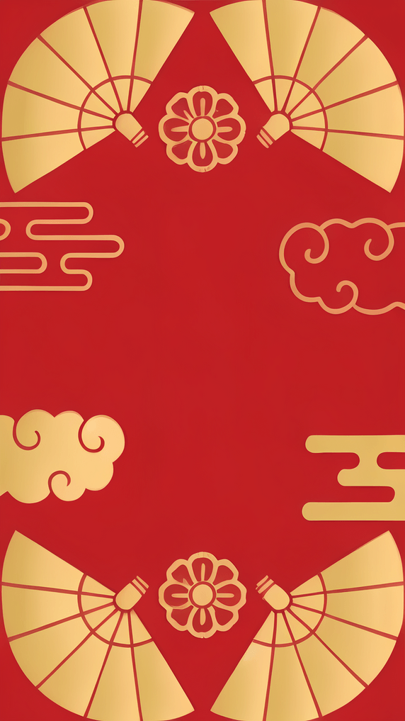潮国创意中国风新年通用红金扇子背景春节和风底纹
