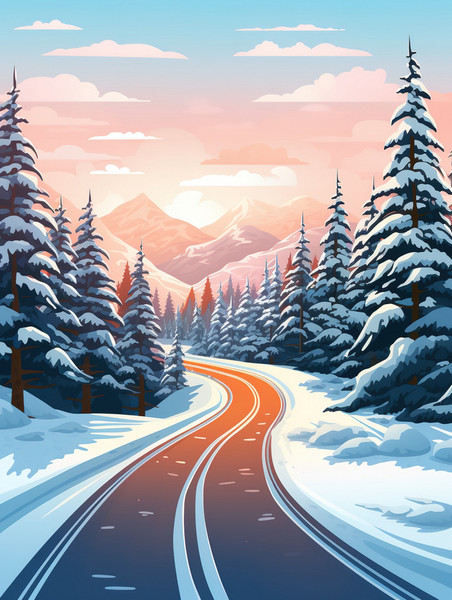 创意冬天森林里的山路3插画设计夕阳落日雪景