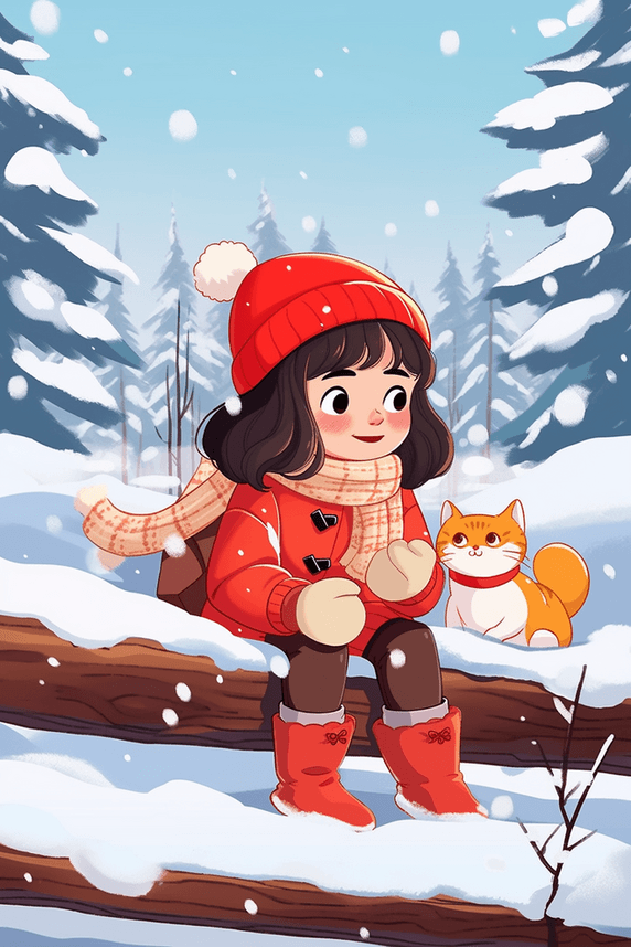 潮国创意可爱女孩冬天小猫雪景手绘插画冬季