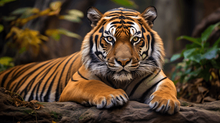 潮国创意棕色和黑色的老虎躺在地上动物