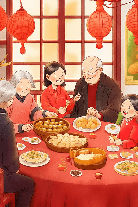 潮国创意一家人团圆包饺子插画手绘年俗春节过年