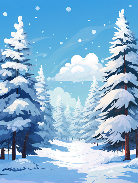 创意冬天松树厚厚的积雪森林插画素材冬天冬季卡通雪景雪地