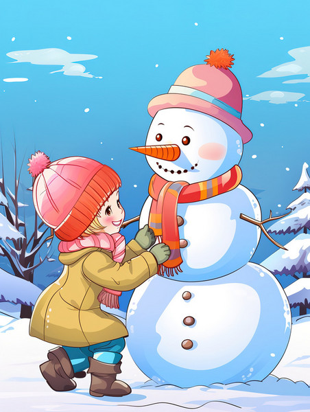潮国创意孩子冬天在雪地上堆雪人3堆雪人冬天冬季