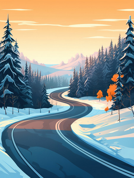 创意冬天森林里的山路18插画设计美式漫画风
