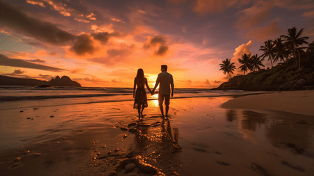 潮国创意夕阳下沙滩上牵手的情侣浪漫