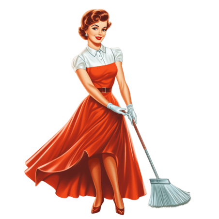 潮国创意围裙和手套里拿着扫帚的女人做清洁工作