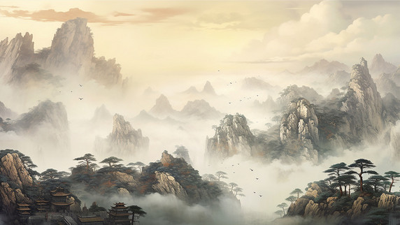 潮国创意中国风复古山水水彩泼墨国画古风背景