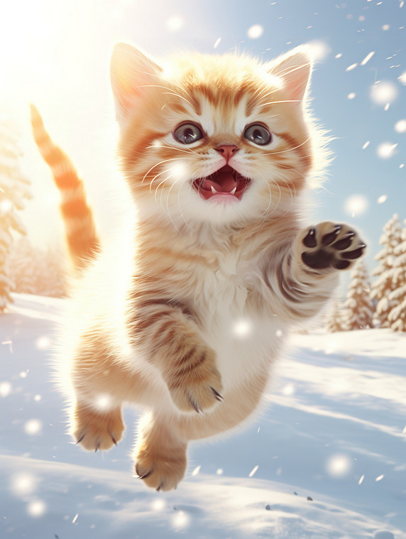 创意冬天的小猫雪中跳跃壁纸6动物宠物雪景