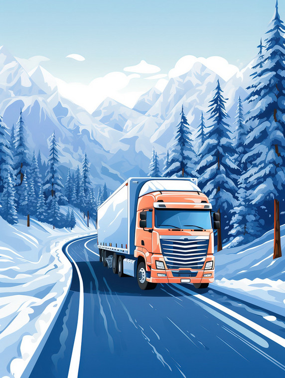 创意冬天森林里的山路货车运输货物