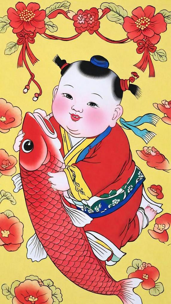 创意传统新年民俗年画红鲤鱼和胖娃娃原创插画春节福娃