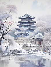 创意冬季中国建筑淡水彩画5插画素材雪地插画冬天故宫