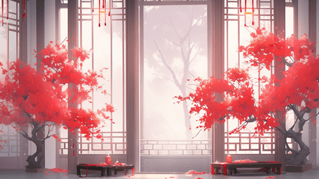 创意红色中国风门窗风景造型插画3国潮游戏场景浪漫