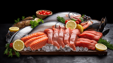 潮国创意新鲜的鱼和海鲜排列在案板上日料生鲜