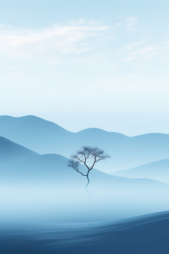 创意浅蓝色雾蒙蒙孤独的树3大雾意境抽象植物风景清冷感冬天