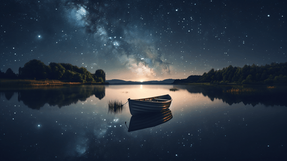 潮国创意夜色夜景湖上的小船唯美星空