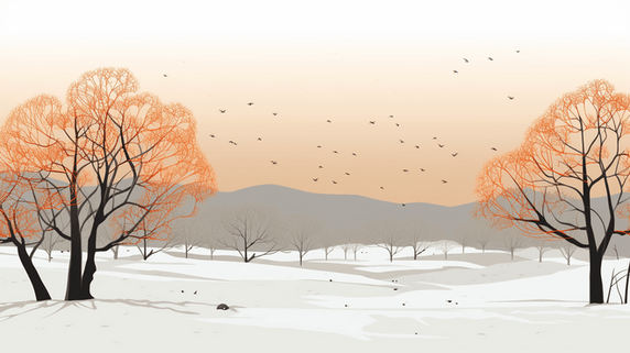 创意冬季天野雪地枯树插画11简约抽象扁平冬天