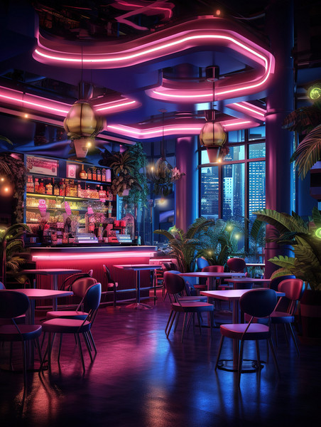 潮国创意霓虹灯下的现代复古风格咖啡馆15赛博朋克酒吧