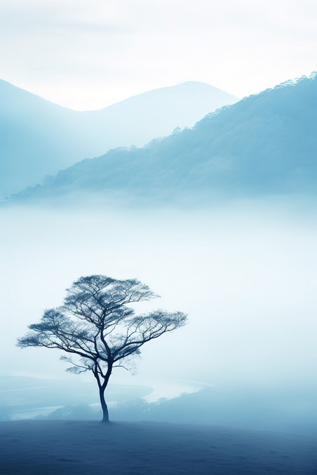 创意浅蓝色雾蒙蒙孤独的树5大雾意境抽象植物风景