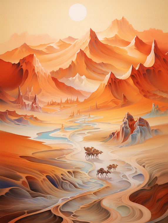潮国创意丝绸之路山脉行走的骆驼17敦煌沙漠