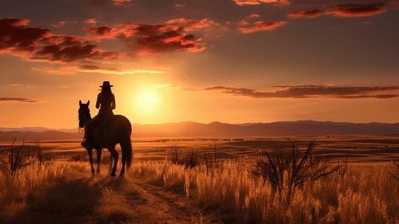 潮国创意日落草原骑马的人骑马运动夕阳