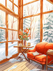 潮国创意温暖木屋窗外雪景9温馨别墅下雪冬天冬季室内看书