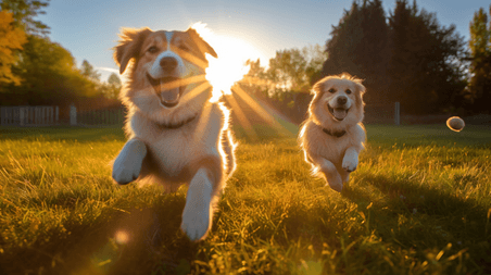 潮国创意两只狗在草坪上玩耍动物宠物