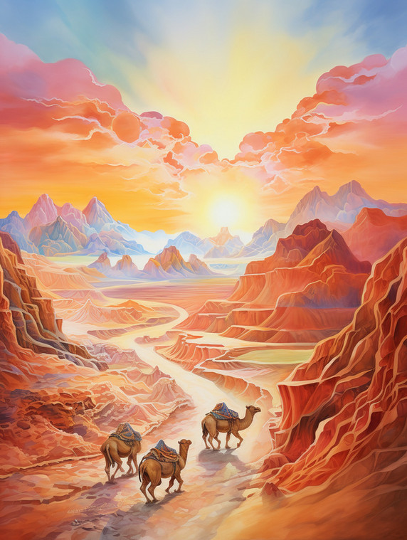 潮国创意丝绸之路山脉行走的骆驼18敦煌沙漠
