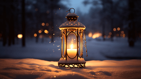 潮国创意冬季夜晚雪地上的灯冬天灯光
