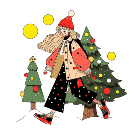 潮国创意圣诞节冬天女孩圣诞树扁平插画元素