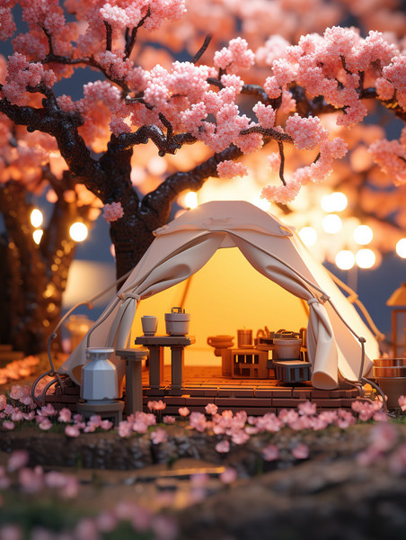 潮国创意樱花树下的帐篷露营3春天