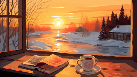 潮国创意桌子咖啡窗外冬天的早晨17温馨夕阳日落