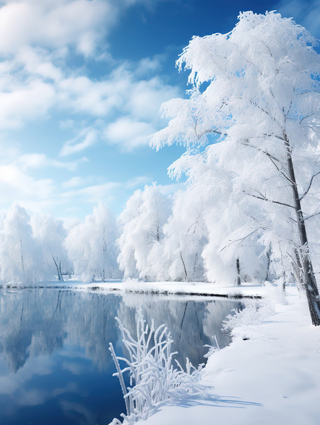 创意宁静冬天白雪皑皑的树木冬季雪景雪地森林