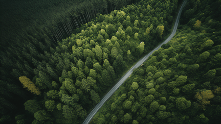 潮国创意一条蜿蜒穿过森林的道路的鸟瞰公路