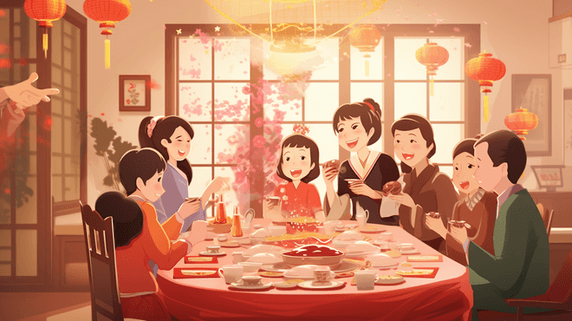创意中国风春节聚餐团圆插画15一家人除夕夜