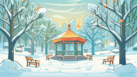 潮国创意冬天大雪中的公园凉亭13冬季雪景树林