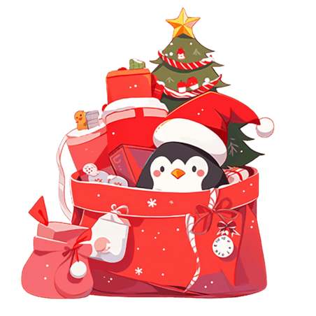 潮国创意圣诞树企鹅卡通手绘元素圣诞节