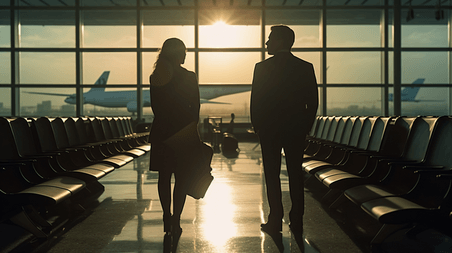 潮国创意商务男士和商务女士出发到达出差机场飞机夕阳