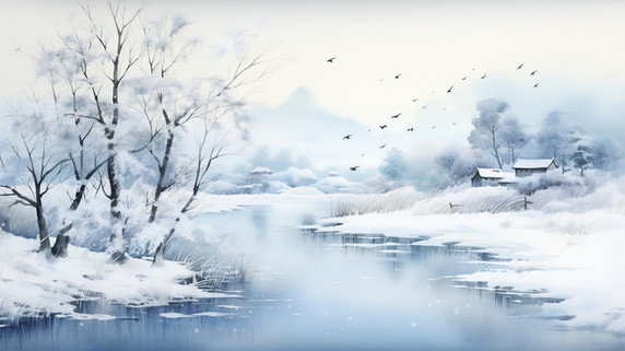 潮国创意宁静的冬季景象水彩画18中国风意境山水冬天雪景